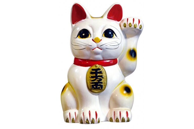 figure of a cat with one paw raised (usu. white porcelain)