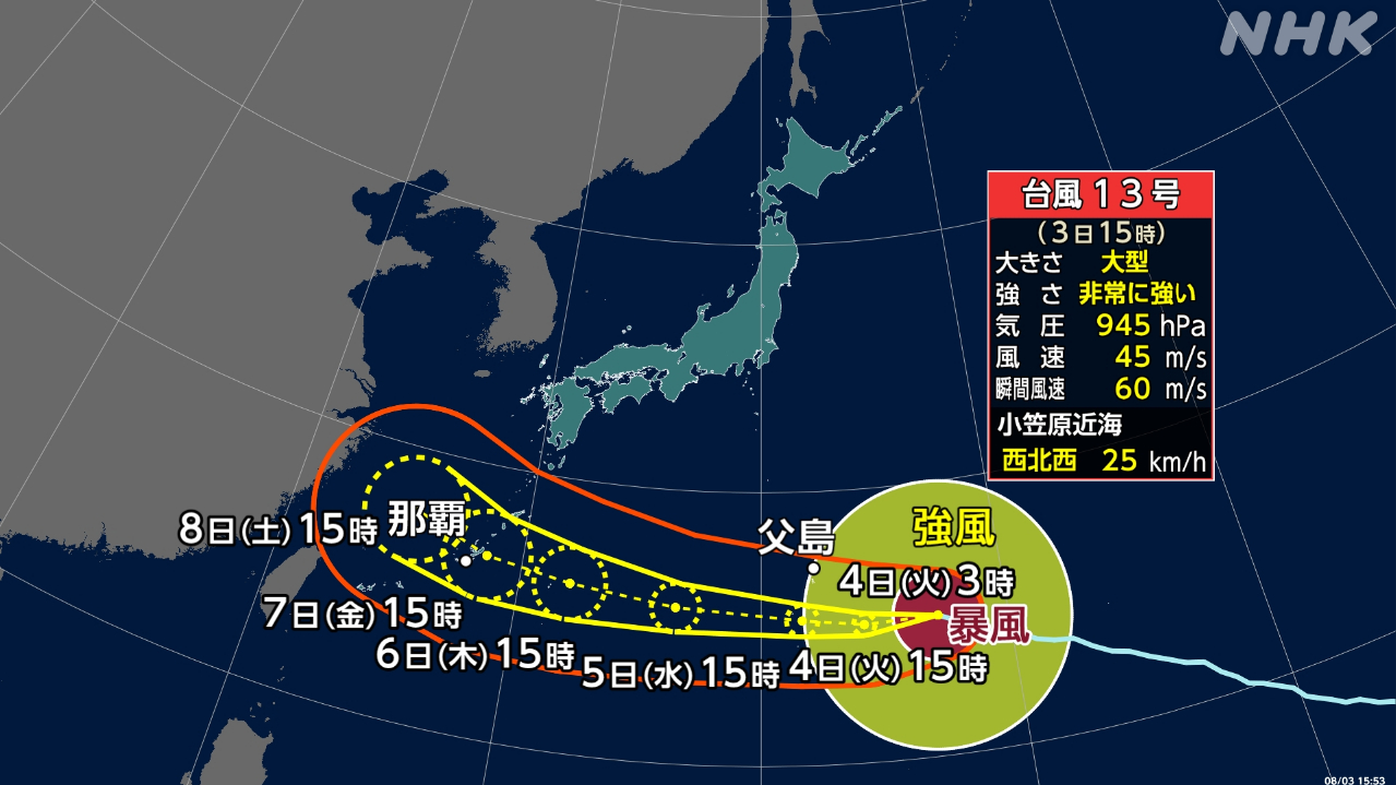 Typhoon No. 13 is moving toward the Ogasawara Islands.