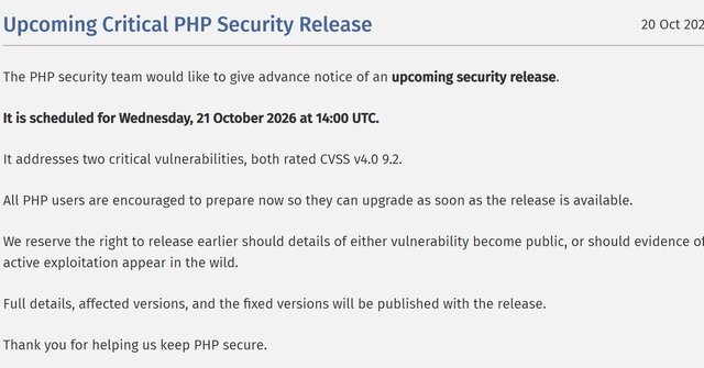 PHP to release fixes for two "critical" vulnerabilities late at night on the 21st Japan time, urges advance preparation